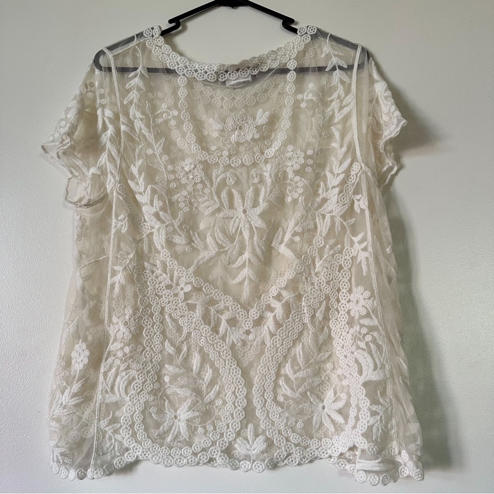 Bohemian Summer Style Cream Sheer Lace Top- Size 12 - Women’s Top- Short sleeves - Picture 2 of 4